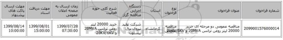 مناقصه عمومی دو مرحله ای خرید 20000 لیتر روغن ترانس 20MVA  و 20KV/6KV