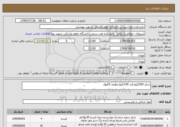 استعلام شکر 200کیلو قند 100کیلو تنظیف 10رول
