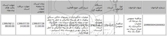 مناقصه عمومی یک مرحله ای عملیات خاکبرداری راه مرزی سیران بند - هنگ ژال بانه