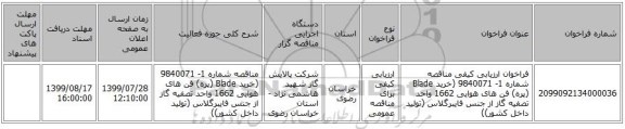 فراخوان ارزیابی کیفی مناقصه شماره 1- 9840071 (خرید Blade (پره) فن های هوایی 1662 واحد تصفیه گاز از جنس فایبرگلاس (تولید داخل کشور))