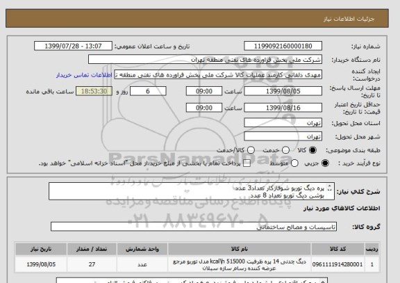 استعلام پره دیگ توربو شوفاژکار تعداد3 عدد
بوشن دیگ توربو تعداد 8 عدد
واشر دیگ توربو تعداد 16 عدد