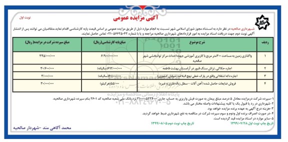 آگهی مزایده عمومی , مزایده واگذاری زمین و...