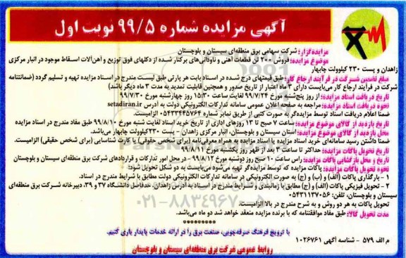 مزایده, مزایده فروش 200 تن قطعات آهنی و ناودانی