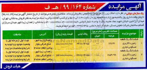 مزایده مزایده فروش املاک کاربری مسکونی و تجاری