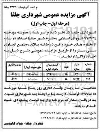 مزایده , مزایده اجاره تعداد دو باب مغازه 