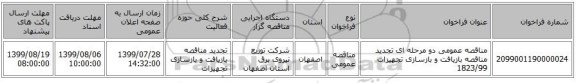 مناقصه عمومی دو مرحله ای تجدید مناقصه بازیافت و بازسازی تجهیزات 1823/99