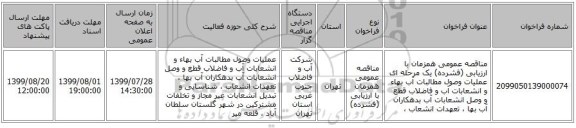 مناقصه عمومی همزمان با ارزیابی (فشرده) یک مرحله ای عملیات وصول مطالبات آب بهاء و انشعابات آب و فاضلاب قطع و وصل انشعابات آب بدهکاران آب بها ، تعهدات انشعاب ، 