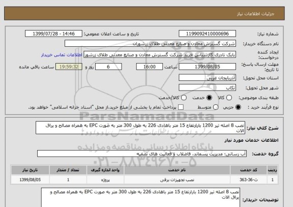 استعلام نصب 8 اصله تیر 1200 بارارتفاع 15 متر باهادی 226 به طول 300 متر به صورت EPC به همراه مصالح و یراق الات