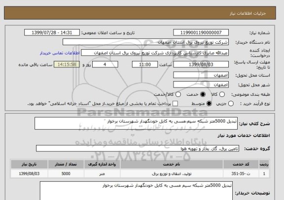 استعلام تبدیل 5000متر شبکه سیم مسی به کابل خودنگهدار شهرستان برخوار