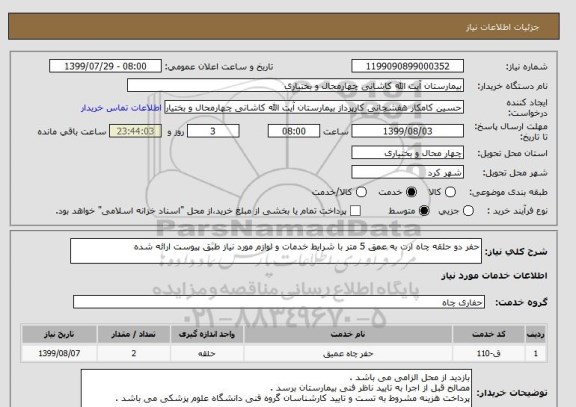 استعلام حفر دو حلقه چاه ارت به عمق 5 متر با شرایط خدمات و لوازم مورد نیاز طبق پیوست ارائه شده