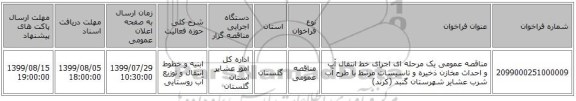 مناقصه عمومی یک مرحله ای اجرای خط انتقال آب و احداث مخازن ذخیره و تاسیسات مرتبط با طرح آب شرب عشایر شهرستان گنبد (کرند)