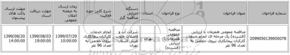 مناقصه عمومی همزمان با ارزیابی (فشرده) یک مرحله ای انجام خدمات کارکنان پیمانکاری نیروی حجمی به تعداد 96 نفر