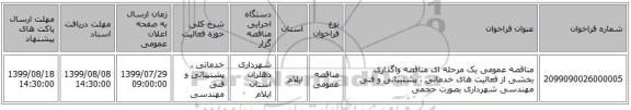 مناقصه عمومی یک مرحله ای مناقصه واگذاری بخشی از فعالیت های خدماتی ، پشتیبانی و فنی مهندسی شهرداری بصورت حجمی 