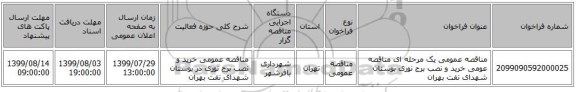 مناقصه عمومی یک مرحله ای  مناقصه عومی خرید و نصب برج نوری بوستان شهدای نفت بهران 