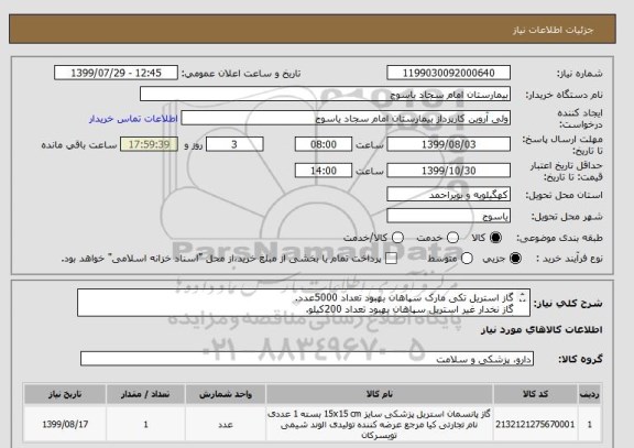 استعلام گاز استریل تکی مارک سپاهان بهبود تعداد 5000عدد.
گاز نخدار غیر استریل سپاهان بهبود تعداد 200کیلو.
گاز ساده غیر استریل سپاهان بهبود تعداد 1000کیلو.