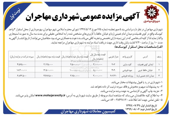 مزایده بهره برداری از محل استقرار 3 واحد کیوسک