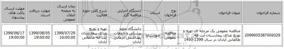 مناقصه عمومی یک مرحله ای  تهیه و توزیع غذای بیمارستان آیت اله طالقانی آبادان در سال 1399-1400