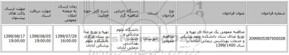 مناقصه عمومی یک مرحله ای  تهیه و توزیع غذای ستاد دانشکده علوم پزشکی و خدمات بهداشتی درمانی آبادان در سال 1399/1400