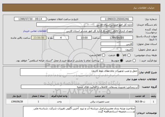 استعلام حمل و نصب تجهیزات چاه ملای بلوط کازرون 