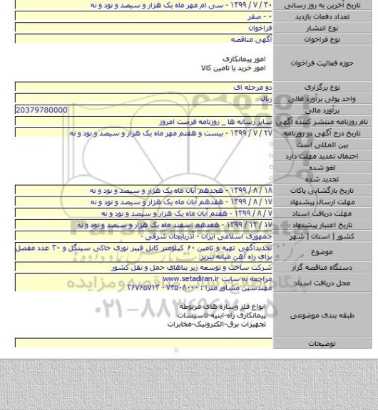 تجدیدآگهی تهیه و تامین ۶۰ کیلومتر کابل فیبر نوری خاکی سینگل  و ۳۰ عدد مفصل برای راه آهن میانه  تبریز
