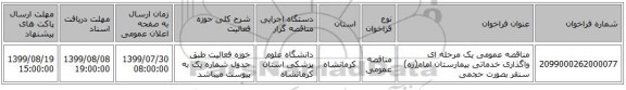 مناقصه عمومی یک مرحله ای واگذاری خدماتی بیمارستان امام(ره) سنقر بصورت حجمی