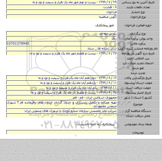 تهیه مصالح و تکمیل زیرسازی و جدول گذاری خیابان های باقیمانده فاز ۳ شهرک صنعتی محمودآباد