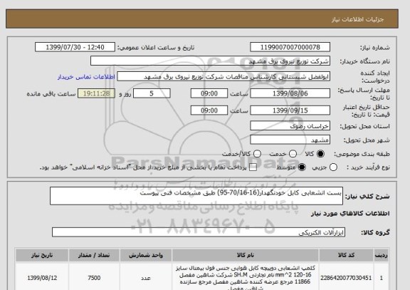 استعلام بست انشعابی کابل خودنگهدار(16-70/16-95) طبق مشخصات فنی پیوست