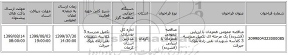 مناقصه عمومی همزمان با ارزیابی (فشرده) یک مرحله ای تکمیل مدرسه 3 کلاسه شهیدان تقی زاده بلوک جیرفت