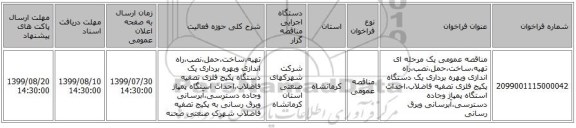 مناقصه عمومی یک مرحله ای تهیه،ساخت،حمل،نصب،راه اندازی وبهره برداری یک دستگاه پکیج فلزی تصفیه فاضلاب،احداث استگاه پمپاژ وجاده دسترسی،آبرسانی وبرق رسانی