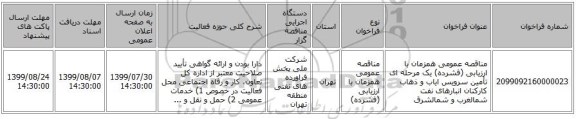 مناقصه عمومی همزمان با ارزیابی (فشرده) یک مرحله ای تأمین سرویس ایاب و ذهاب کارکنان انبارهای نفت شمالغرب و شمالشرق