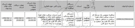 مناقصه عمومی یک مرحله ای خدمات مراقبت های اولیه سلامت در مناطق شهری بالای 20 هزار نفر جمعیت و حاشیه شهر قاین