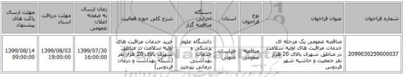 مناقصه عمومی یک مرحله ای خدمات مراقبت های اولیه سلامت در مناطق شهری بالای 20 هزار نفر جمعیت و حاشیه شهر فردوس