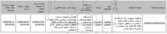 مناقصه عمومی یک مرحله ای خدمات مراقبت های اولیه سلامت در مناطق شهری بالای 20 هزار نفر جمعیت و حاشیه شهر طبس