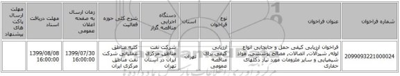 فراخوان ارزیابی کیفی حمل و جابجایی انواع لوله, شیرآلات, اتصالات, مصالح پوششی, مواد شیمیایی و سایر ملزومات مورد نیاز دکلهای حفاری