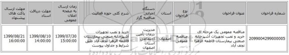 مناقصه عمومی یک مرحله ای خرید و نصب تجهیزات آشپزخانه صنعتی بیمارستان فاطمه الزهرا نجف آباد