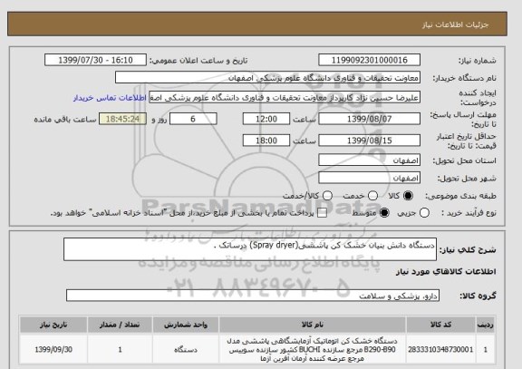 استعلام دستگاه دانش بنیان خشک کن پاششی(Spray dryer) درساتک .