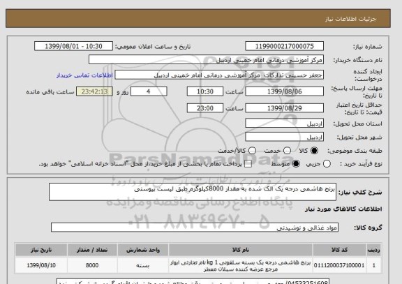 استعلام برنج هاشمی درجه یک الک شده به مقدار 8000کیلوگرم طبق لیست پیوستی