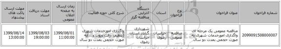 مناقصه عمومی یک مرحله ای واگذاری امورخدمات شهری به صورت حجمی بمدت دو سال