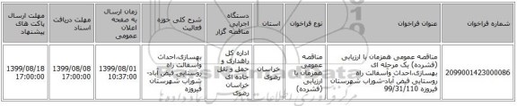مناقصه عمومی همزمان با ارزیابی (فشرده) یک مرحله ای بهسازی،احداث وآسفالت راه روستایی فیض آباد-شوراب شهرستان فیروزه  99/31/110    