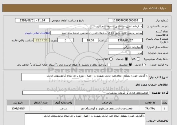 استعلام واگذاری خودرو بمنظور انجام امور اداری بصورت در اختیار راننده برای انجام ماموریتهای اداری