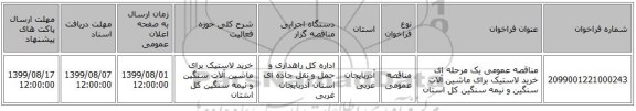 مناقصه عمومی یک مرحله ای خرید لاستیک برای ماشین آلات سنگین و نیمه سنگین کل استان