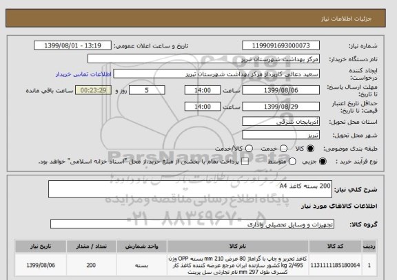استعلام 200 بسته کاغذ A4 