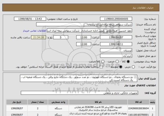 استعلام دو دستگاه یخچال ، دو دستگاه تلویزیون ، دو عدد سماور ، یک دستگاه جارو برقی ، یک دستگاه تصفیه اب ، یک دستگاه ابسرد کن 
