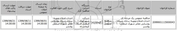 مناقصه عمومی یک مرحله ای احداث،اصلاح وبهینه سازی شبکه روشنایی معابر شهرک صنعتی روانسر