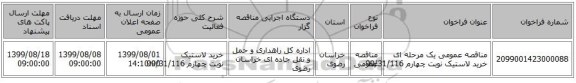 مناقصه عمومی یک مرحله ای خرید لاستیک نوبت چهارم 99/31/116