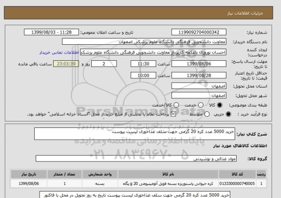 استعلام خرید 5000 عدد کره 20 گرمی جهت سلف غذاخوری لیست پیوست