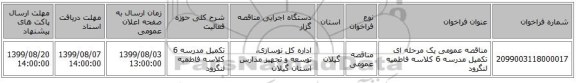 مناقصه عمومی یک مرحله ای تکمیل مدرسه 6 کلاسه فاطمیه لنگرود