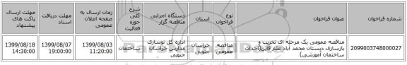 مناقصه عمومی یک مرحله ای تخریب و بازسازی دبستان محمد آباد علم قاین(احداث ساختمان آموزشی) 