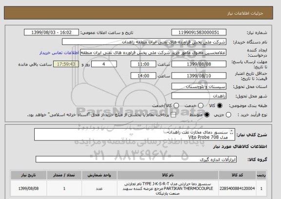 استعلام سنسور دمای مخازن نفت زاهدان-
مدل Vito Probe 708 
Honey Well ENRAF
tYPE : uaan768c15101140