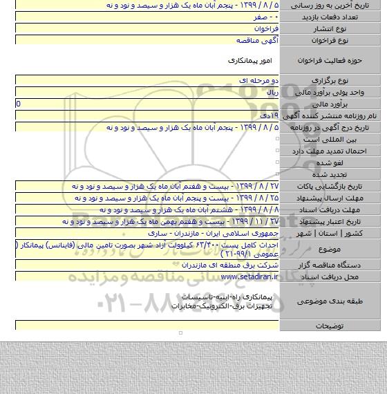 احداث کامل پست ۶۳/۴۰۰ کیلوولت آزاد شهر بصورت تامین مالی (فاینانس) پیمانکار  ( عمومی ۹۹/۱-۲۱ )